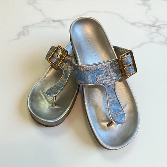 Prada Brocade leather sandals metallic silver blue gold - Thumbnail 8