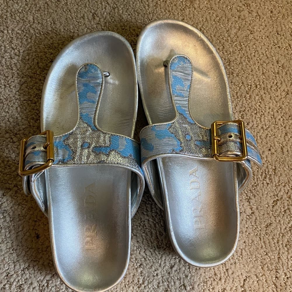 Prada Brocade leather sandals metallic silver blue gold - Thumbnail 6