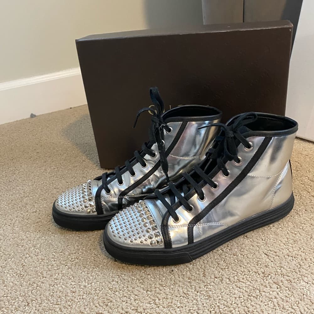 Gucci California metallic silver leather studded high top sneakers