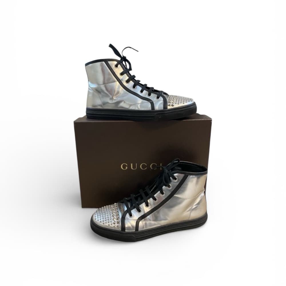 Gucci California metallic silver leather studded high top sneakers - Thumbnail 15