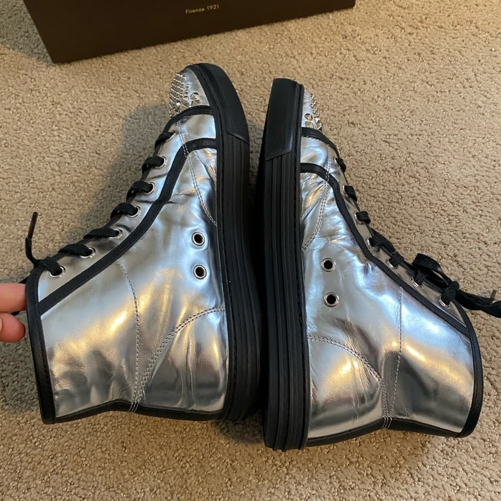 Gucci California metallic silver leather studded high top sneakers - Thumbnail 4