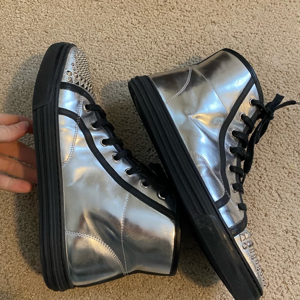 Gucci California metallic silver leather studded high top sneakers - Thumbnail 5
