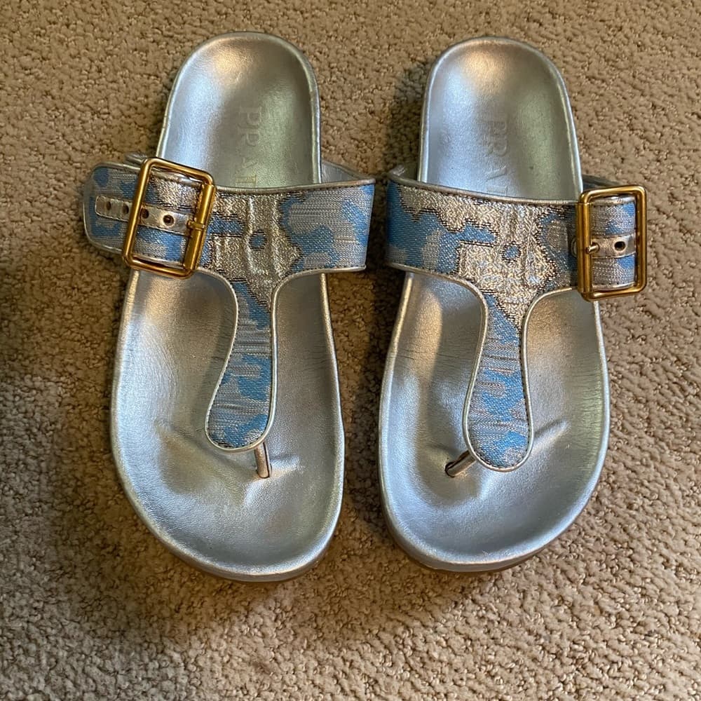 Prada Brocade leather sandals metallic silver blue gold
