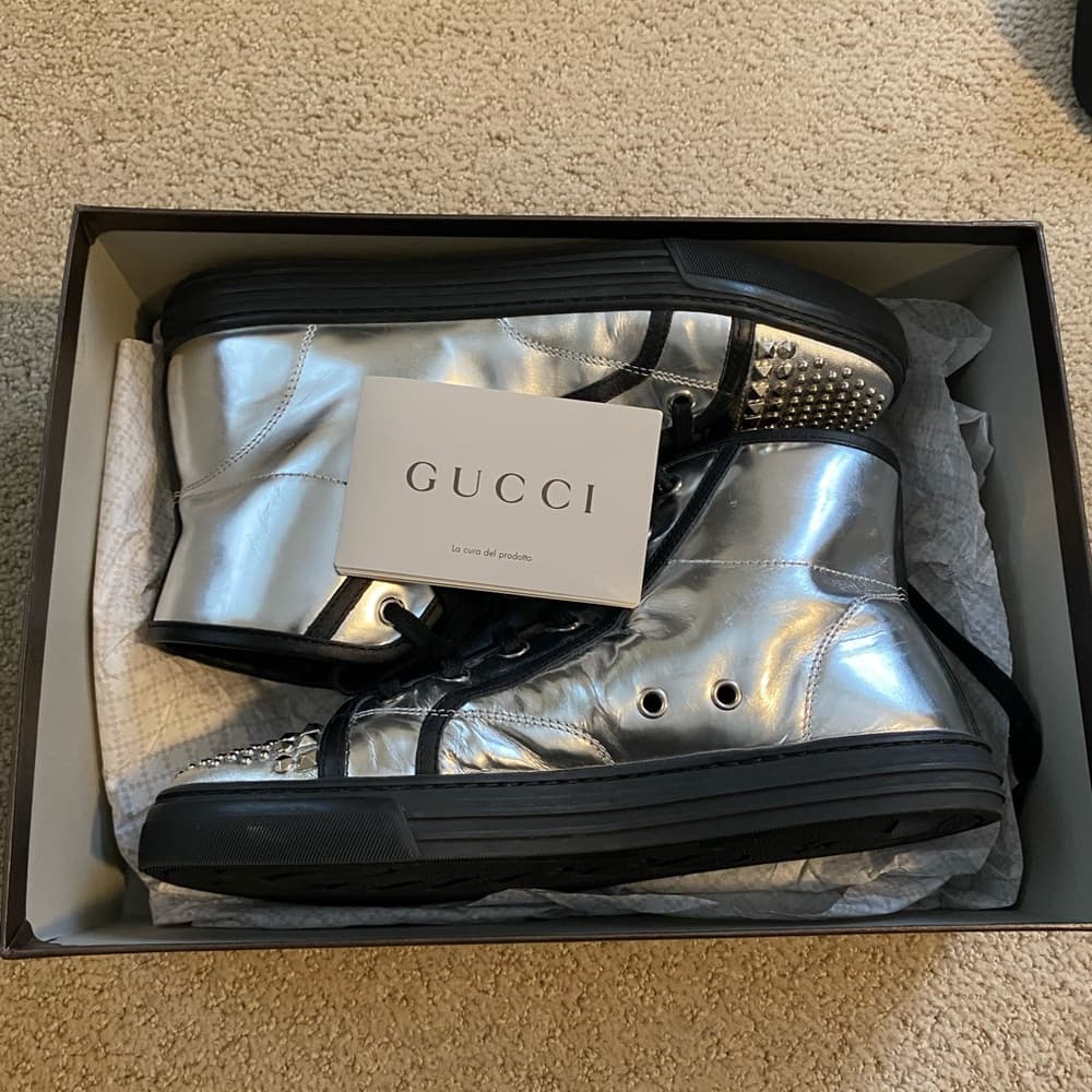 Gucci California metallic silver leather studded high top sneakers - Thumbnail 13
