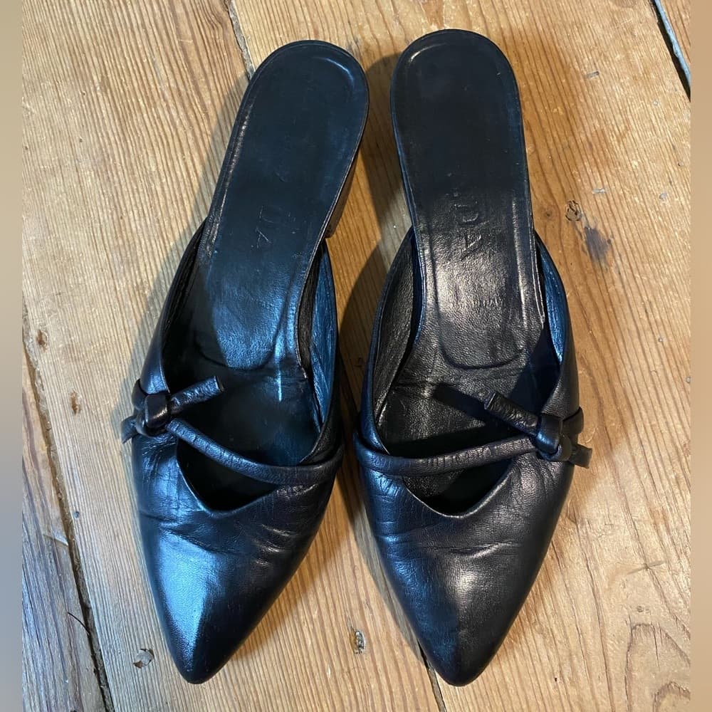 Prada pointed bow toe mules black leather