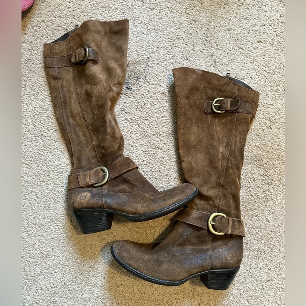 Born Kylli distressed knee high boots brown suede