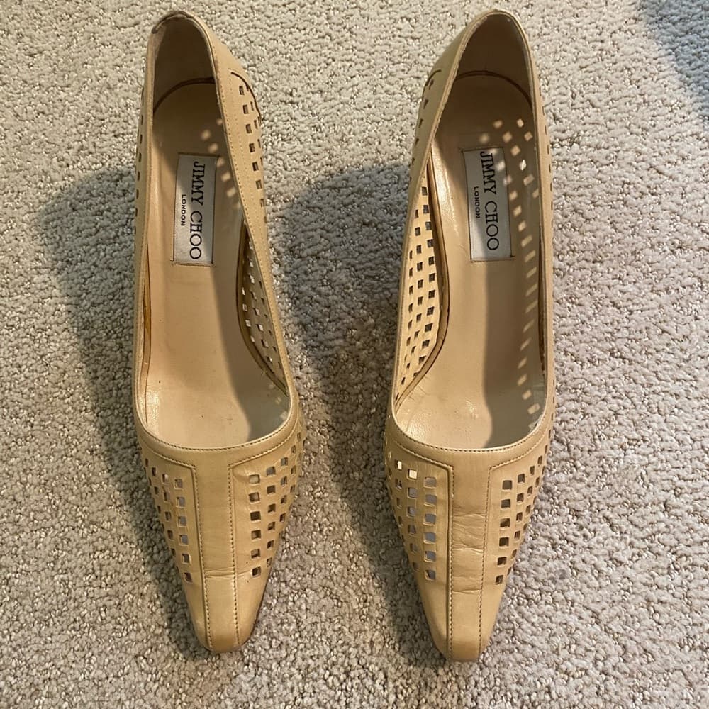 Jimmy Choo perforated leather kitten heels tan