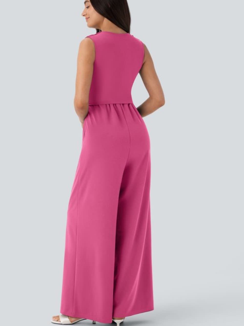 NWOT Halara V Neck Sleeveless Ruched Pocket Jumpsuit-Easy Peezy pink