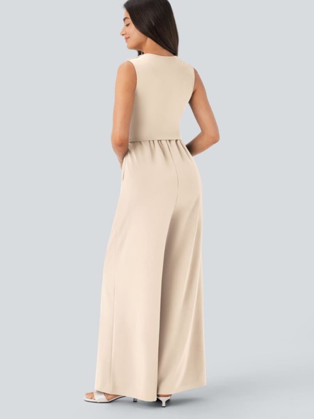 NWOT Halara V Neck Sleeveless Ruched Pocket Jumpsuit-Easy Peezy Arctic Wolf