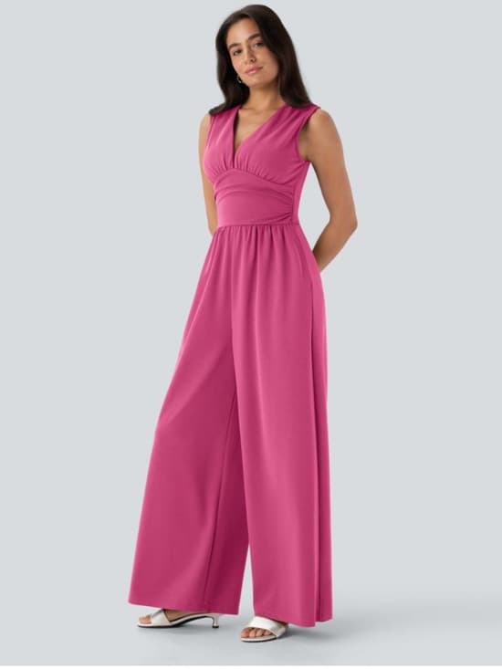 NWOT Halara V Neck Sleeveless Ruched Pocket Jumpsuit-Easy Peezy pink - Thumbnail 7