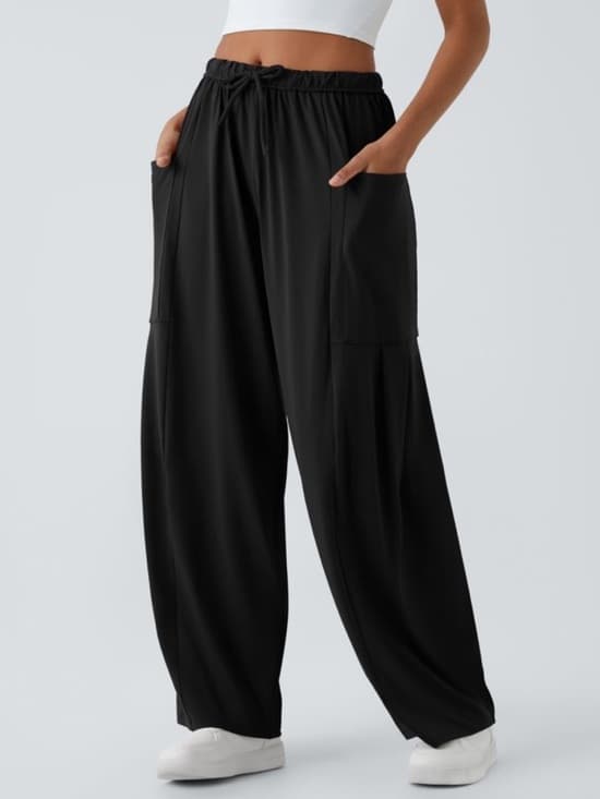NWOT Halara Mid Rise Elastic Waistband Drawstring Pocket Palazzo Wide Leg Baggy - Thumbnail 6