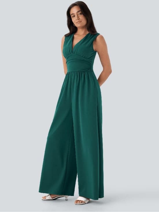 NWOT Halara V Neck Sleeveless Ruched Pocket Jumpsuit-Easy Peezy Bayberry - Thumbnail 7