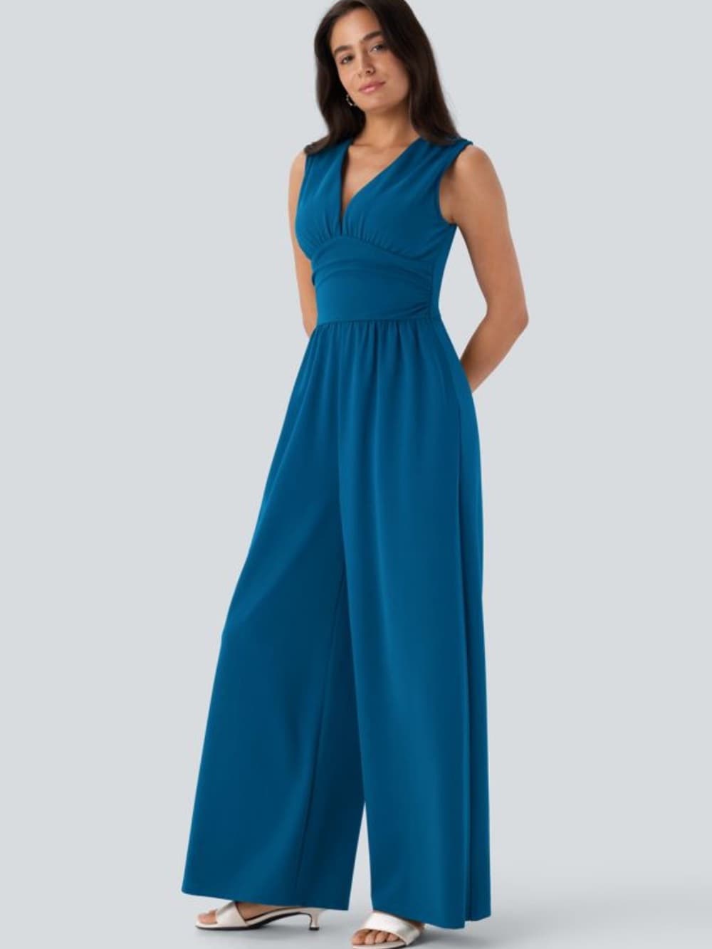 NWOT Halara V Neck Sleeveless Ruched Pocket Jumpsuit-Easy Peezy - Thumbnail 6