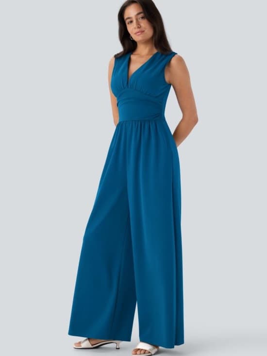 NWOT Halara V Neck Sleeveless Ruched Pocket Jumpsuit-Easy Peezy - Thumbnail 7