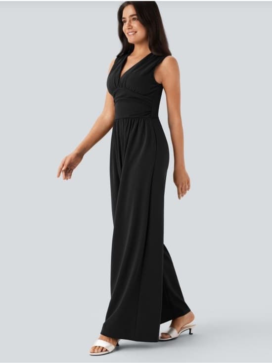 NWOT Halara V Neck Sleeveless Ruched Pocket Jumpsuit-Easy Peezy black - Thumbnail 7
