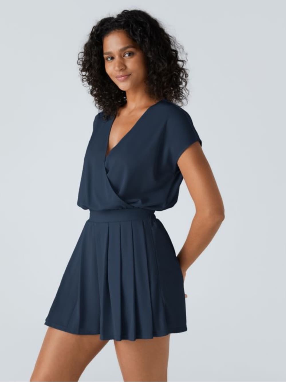 NWOT Halara V Neck Short Sleeve Pocket Waffle Casual Romper charm ink blue - Thumbnail 2