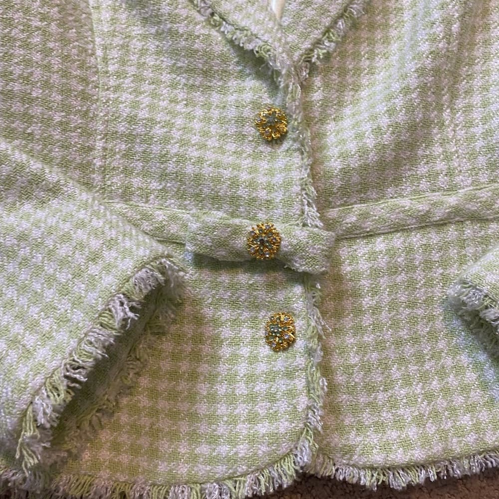 Y2K vintage Mint Green Tweed silk Blazer gold buttons - Thumbnail 5
