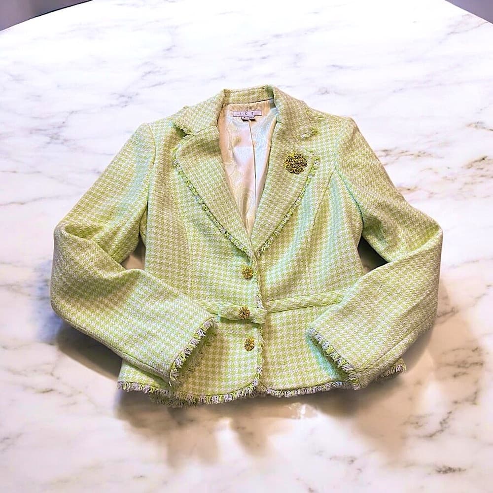 Y2K vintage Mint Green Tweed silk Blazer gold buttons