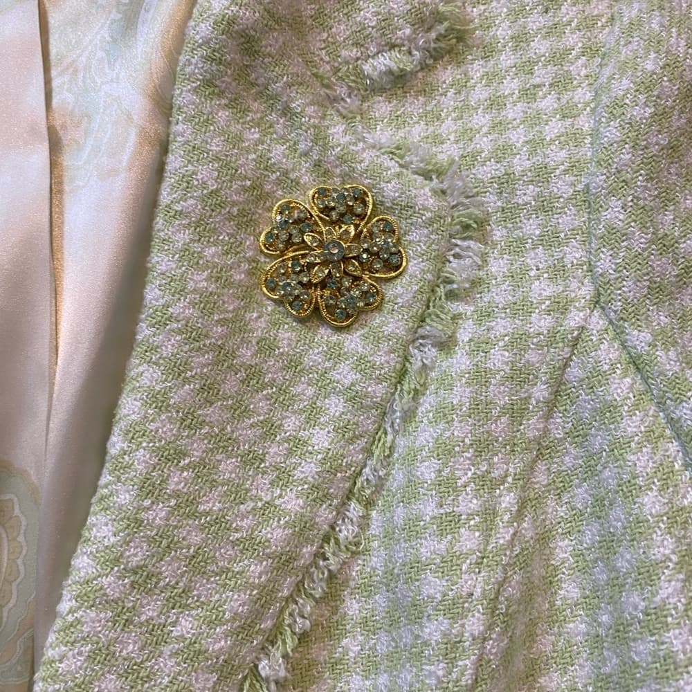 Y2K vintage Mint Green Tweed silk Blazer gold buttons - Thumbnail 3