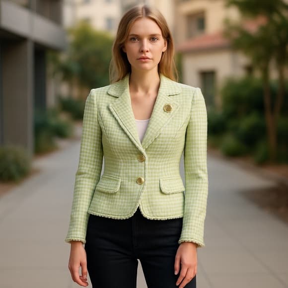 Y2K vintage Mint Green Tweed silk Blazer gold buttons - Thumbnail 12