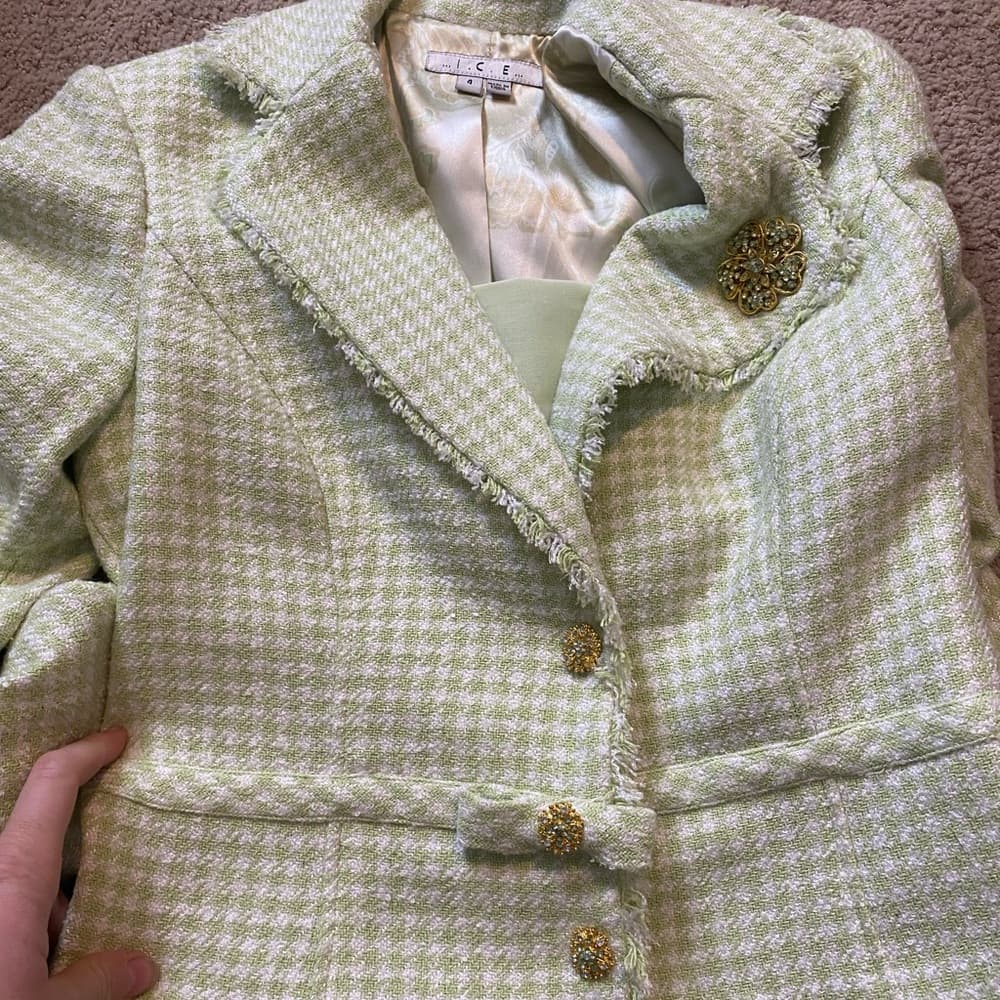 Y2K vintage Mint Green Tweed silk Blazer gold buttons - Thumbnail 8