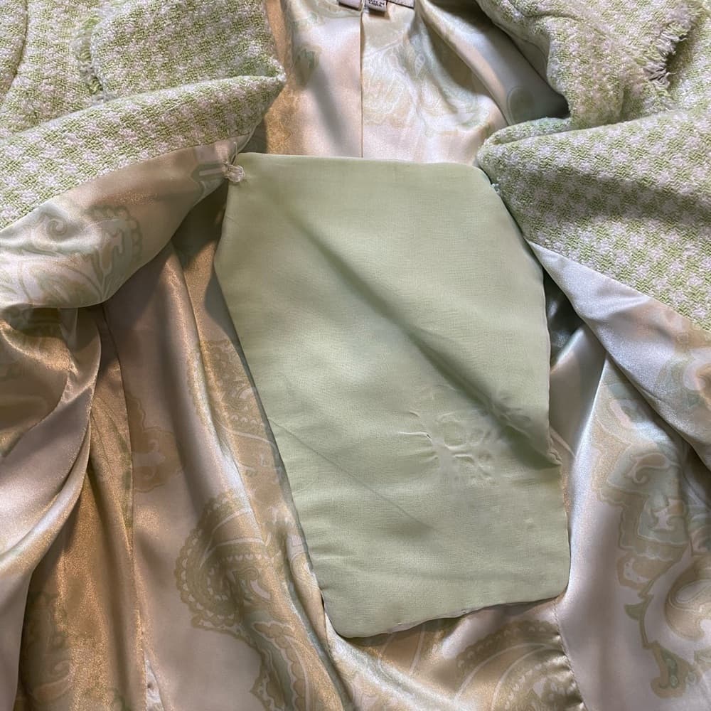 Y2K vintage Mint Green Tweed silk Blazer gold buttons - Thumbnail 7