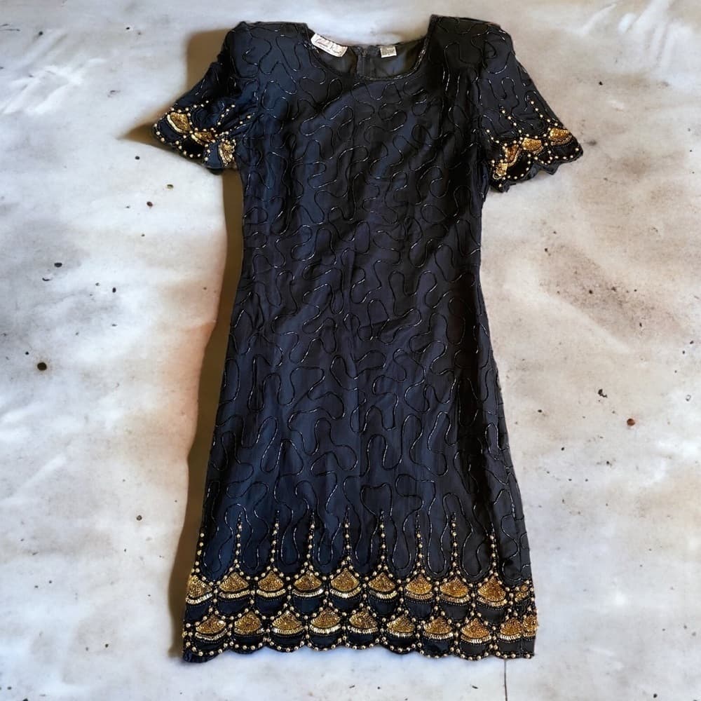 Vintage Laurence Kazar silk beaded dress black gold - Thumbnail 3