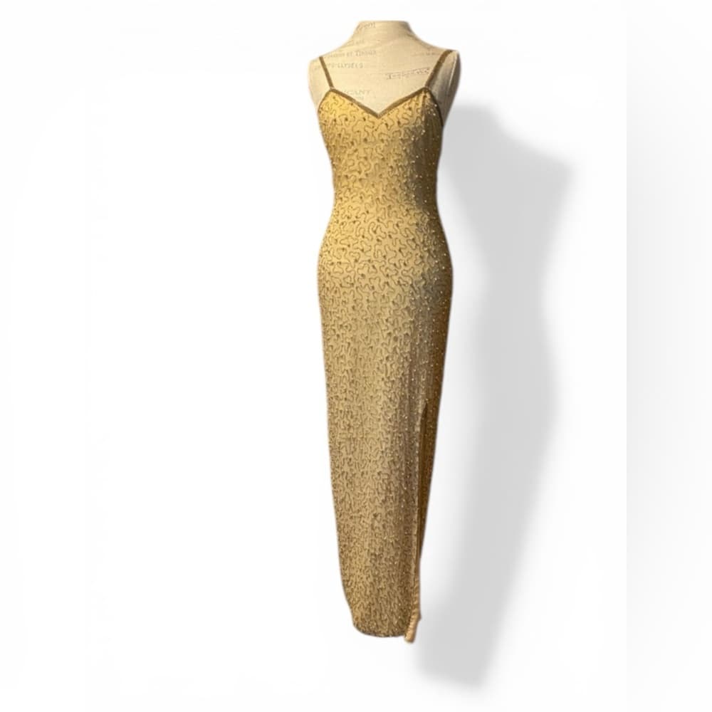 Scala maxi silk hand beaded gown gold small - Thumbnail 5