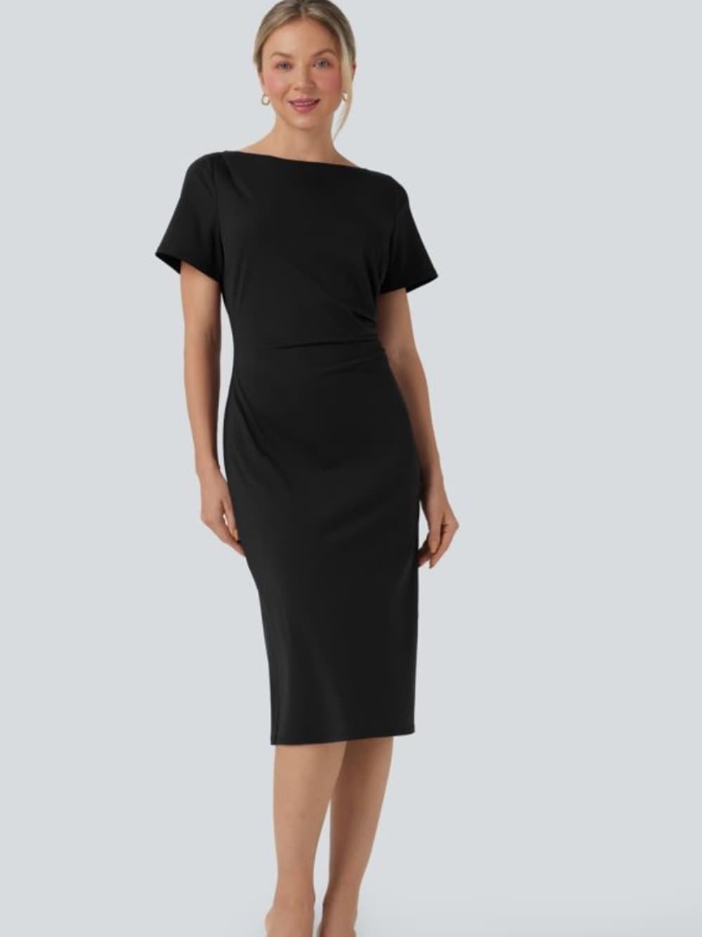 NWOT Halara Short Sleeve Ruched Bodycon Midi Work Dress black extra large - Thumbnail 2