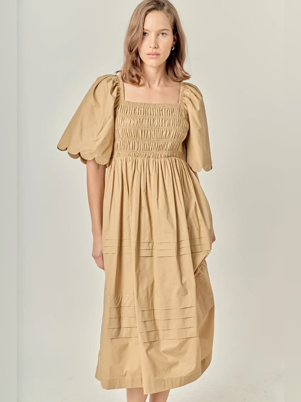 English Factory scallop detail midi dress tan small - Thumbnail 6