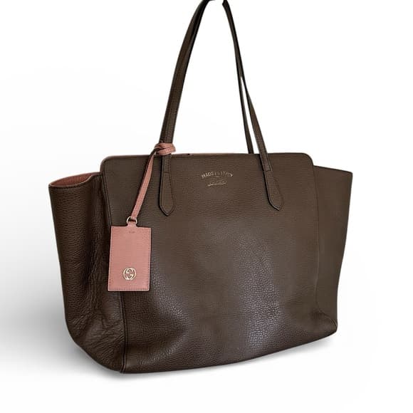 Gucci Swing Medium Pebbled Leather Tote Bag taupe pink - Thumbnail 13