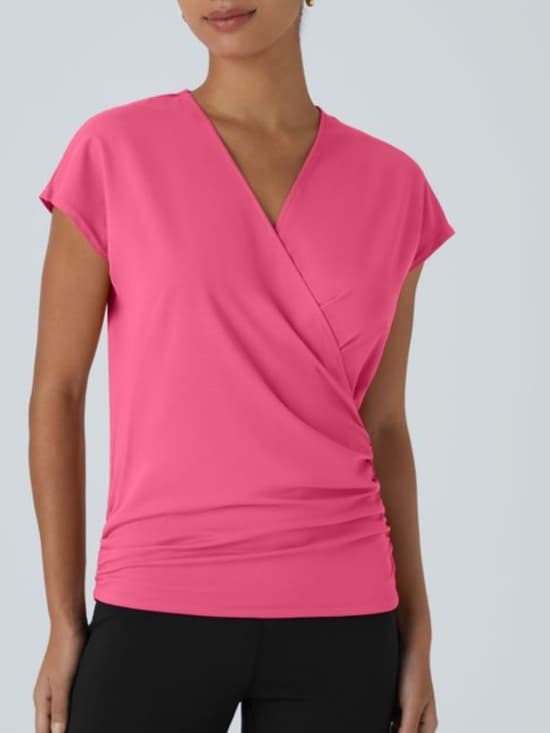 NWOT Halara V Neck Cap Sleeve Crossover Ruched Solid Work Blouse pink - Thumbnail 6