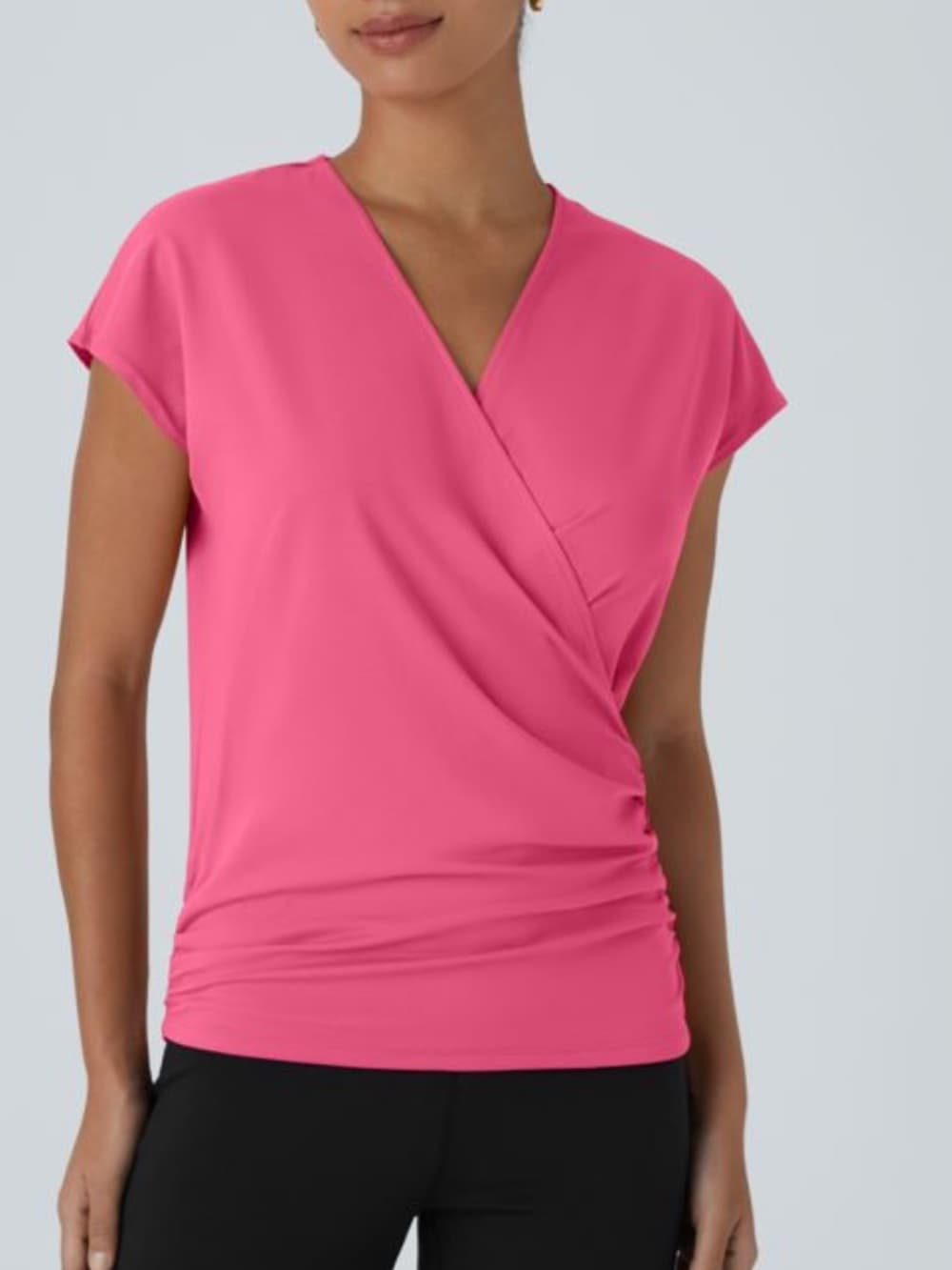 NWOT Halara V Neck Cap Sleeve Crossover Ruched Solid Work Blouse pink - Thumbnail 5