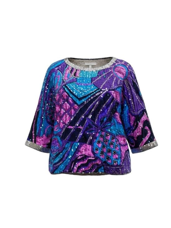 Vintage Lillie Rubin silk sequin beaded geometric abstract blouse 1980 - Thumbnail 11
