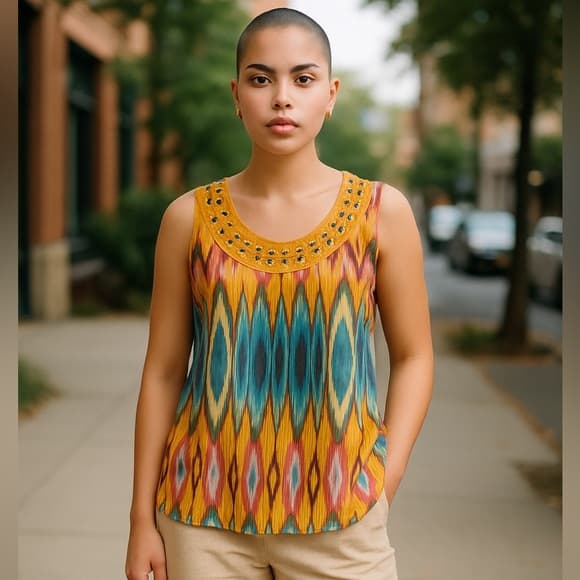 Tory Burch 100% silk sleeveless ikat blouse 6 - Thumbnail 4
