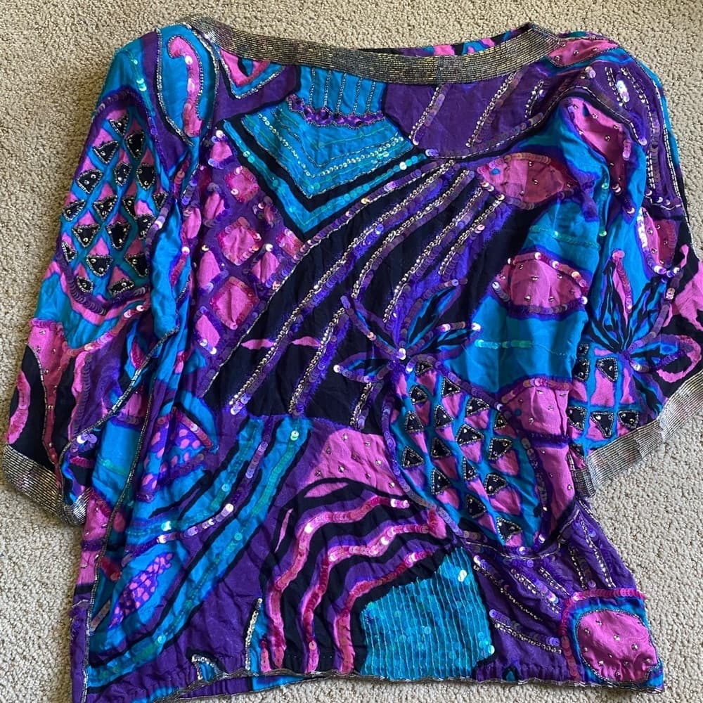 Vintage Lillie Rubin silk sequin beaded geometric abstract blouse 1980 - Thumbnail 3