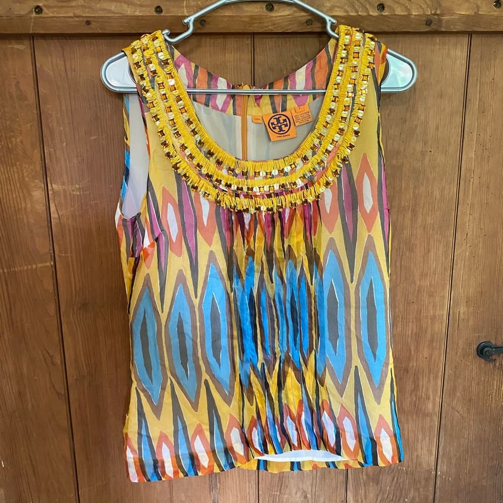 Tory Burch 100% silk sleeveless ikat blouse 6