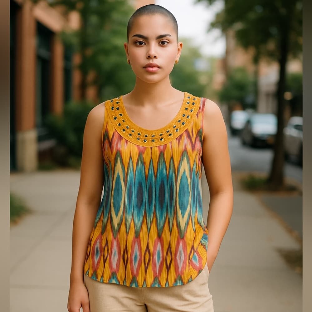 Tory Burch 100% silk sleeveless ikat blouse 6 - Thumbnail 3