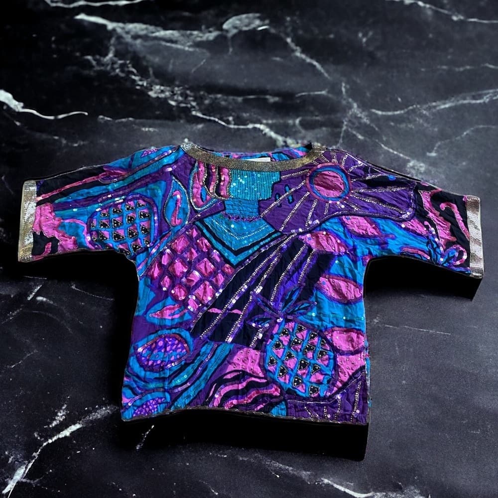 Vintage Lillie Rubin silk sequin beaded geometric abstract blouse 1980 - Thumbnail 2