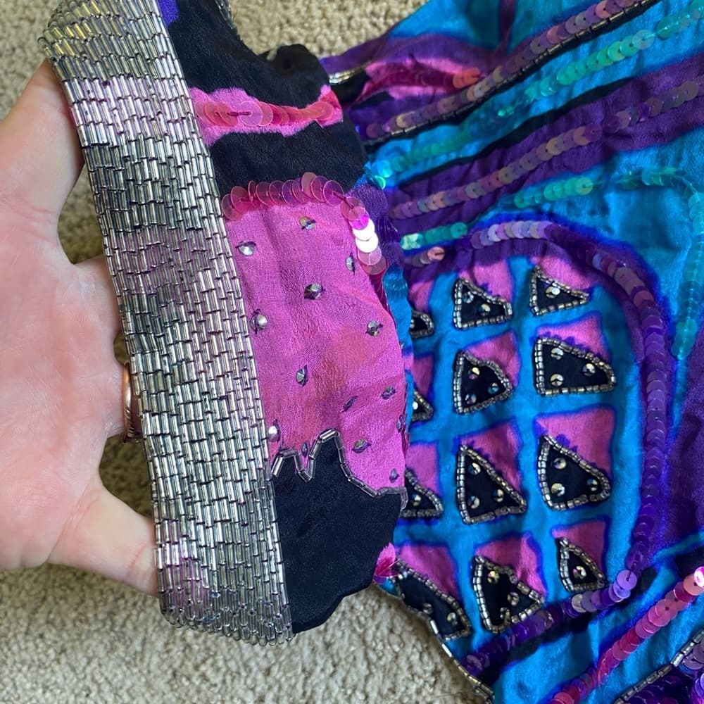 Vintage Lillie Rubin silk sequin beaded geometric abstract blouse 1980 - Thumbnail 5