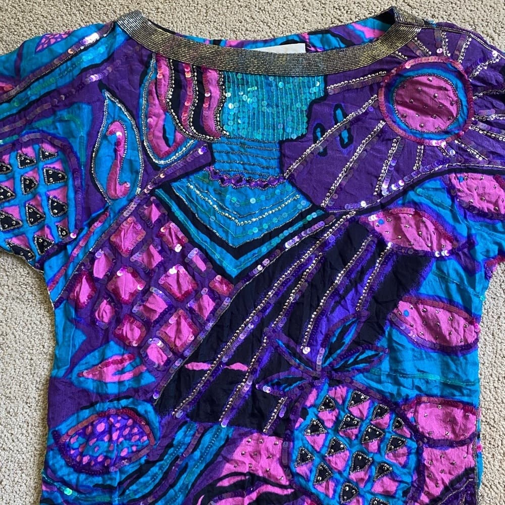 Vintage Lillie Rubin silk sequin beaded geometric abstract blouse 1980 - Thumbnail 4