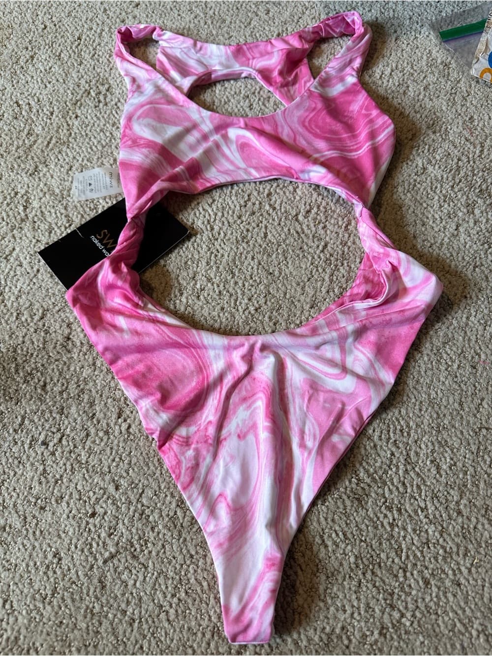NWT Naked Wardrobe Swim monokini pink white extra small - Thumbnail 3