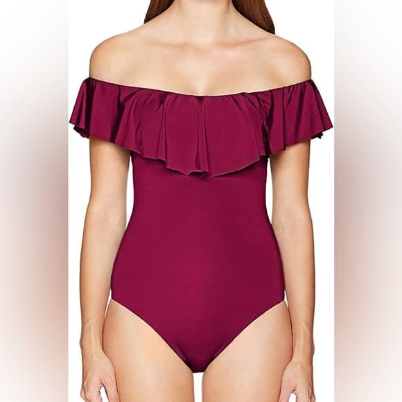 Trina Turk off shoulder one piece swimsuit merlot - Thumbnail 6