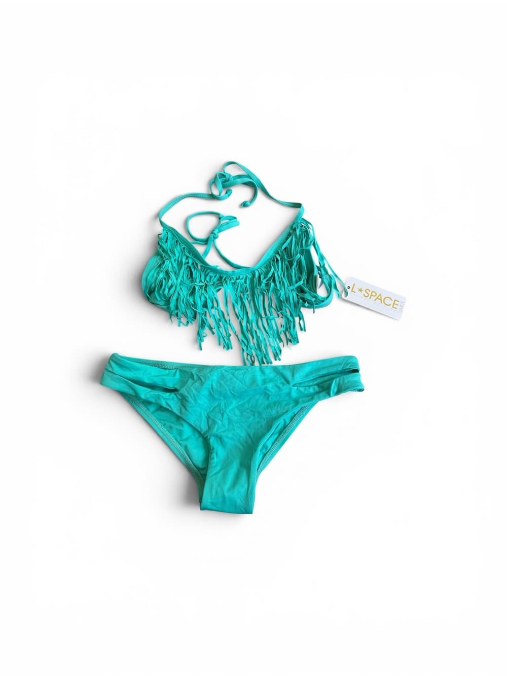 NWT L*Space Audrey Breakers fringe bikini set turquoise - Thumbnail 5