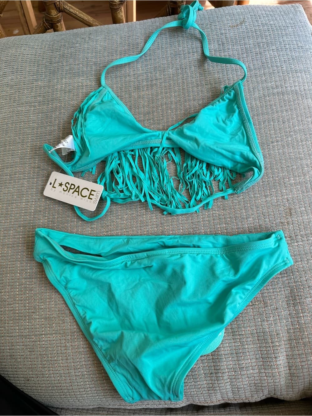 NWT L*Space Audrey Breakers fringe bikini set turquoise - Thumbnail 3