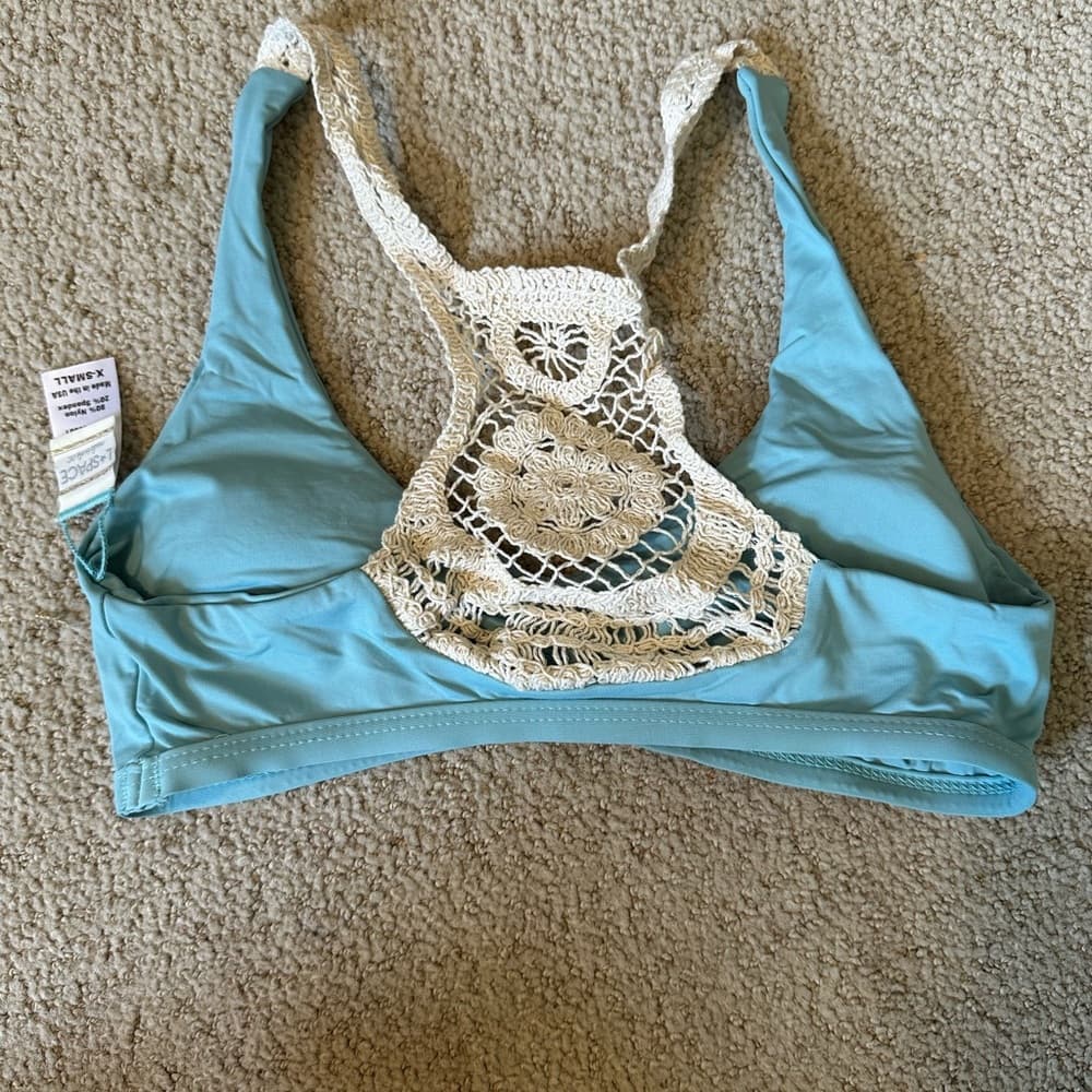 NWOT L*Space Wild Child crochet back bikini top blue cream - Thumbnail 3