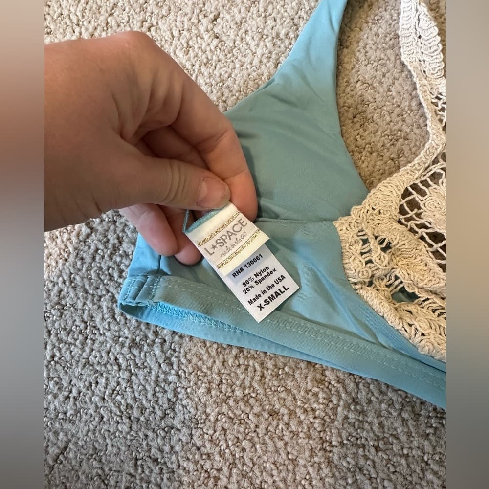 NWOT L*Space Wild Child crochet back bikini top blue cream - Thumbnail 4