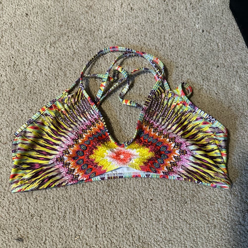 PilyQ Utopia beaded bikini top yellow pink tie dye