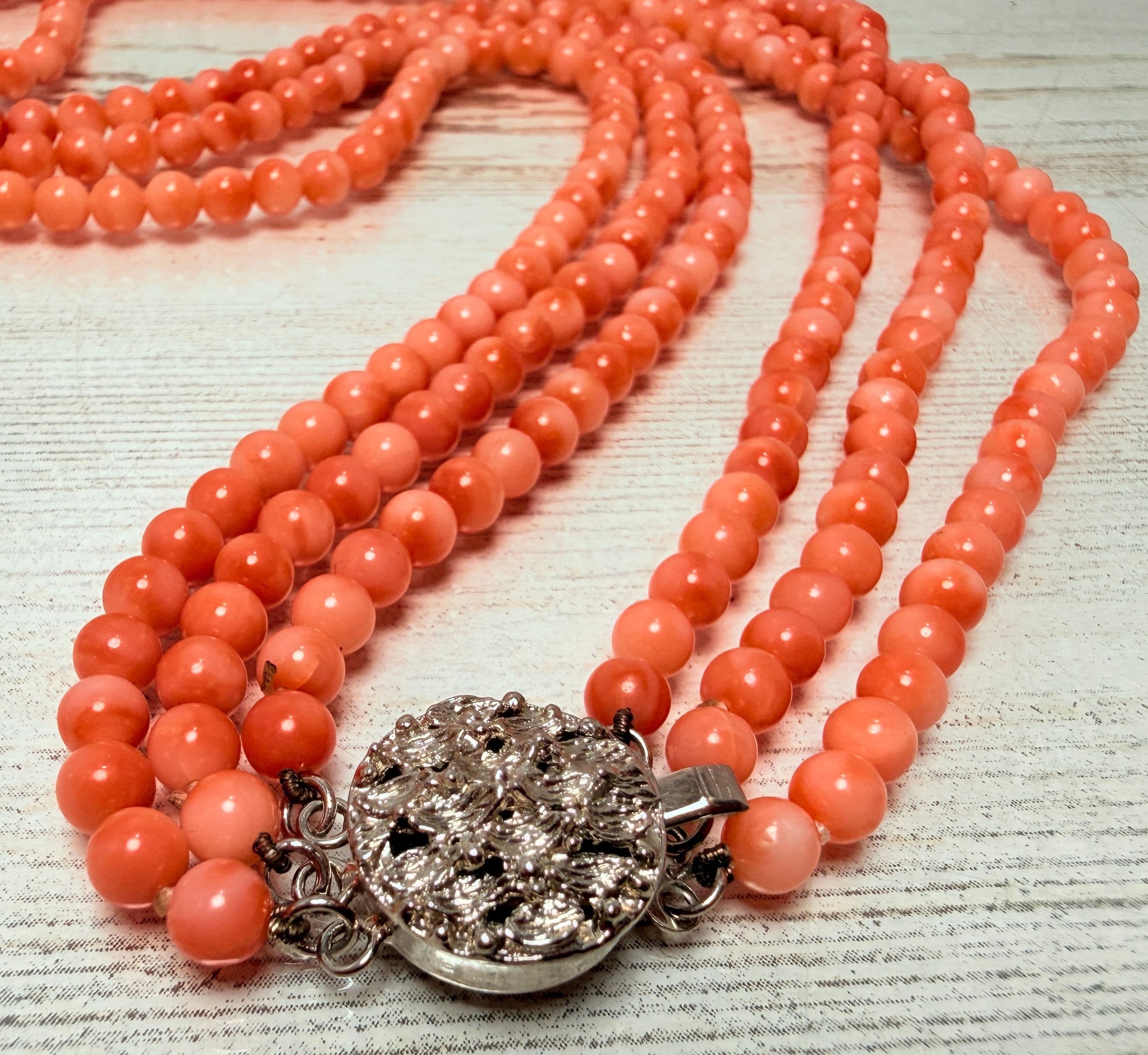 4F 1940s Salmon Coral Triple Strand Necklace Sterling Box Clasp - Thumbnail 3