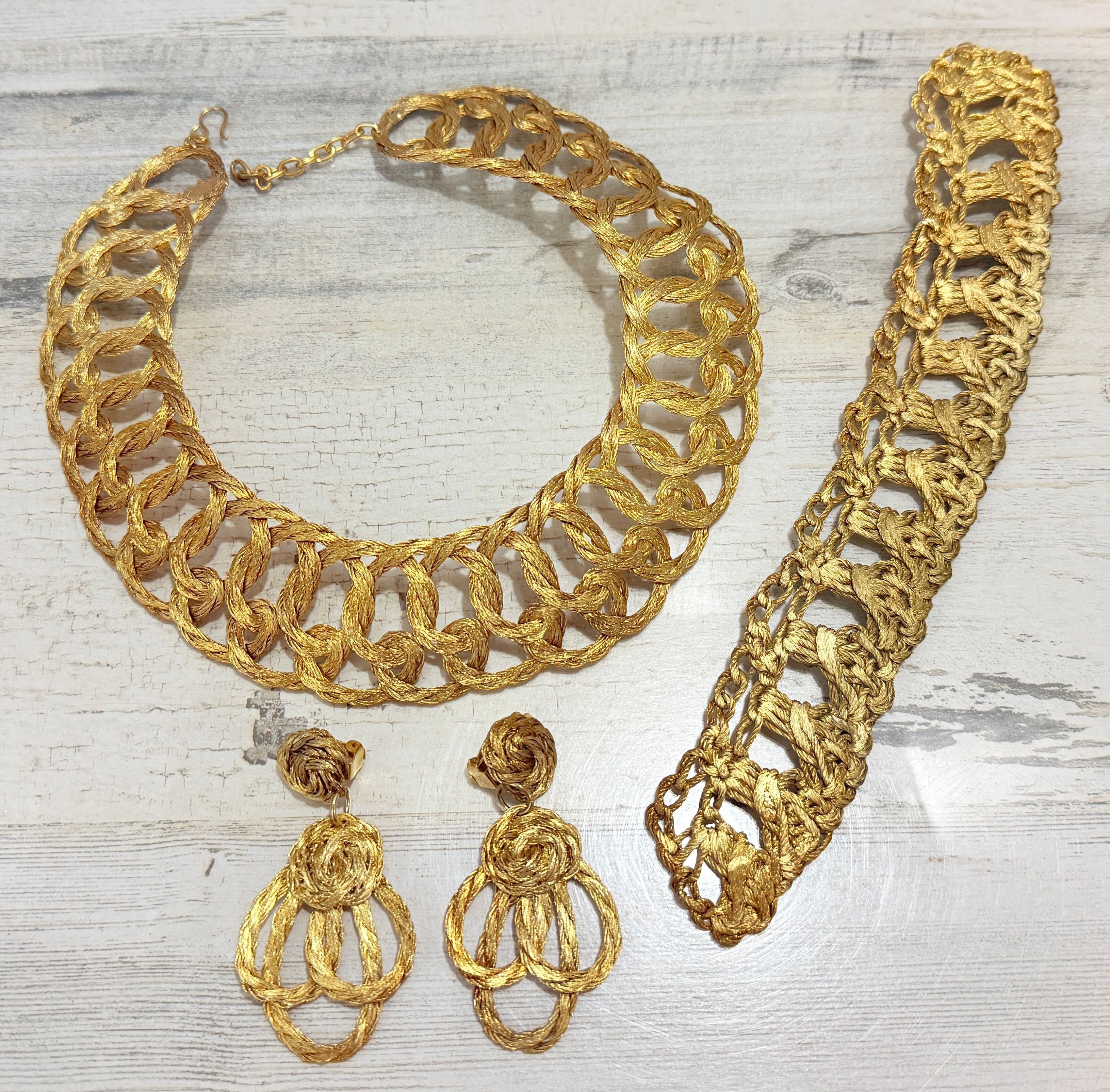 3A. 1980s Gold Tone Fine Wire Braided Jewelry Set